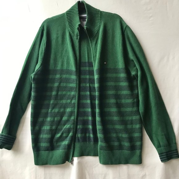 Tommy Hilfiger Green Blue Cardigan Sweater Mens Size XL X-Large Stripes Full Zip - Picture 2 of 16